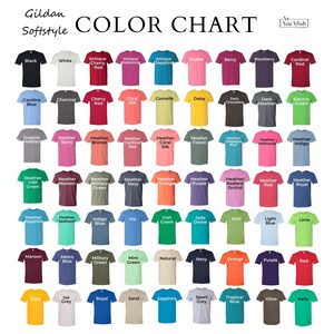 May include: Color chart showing 50 different Gildan Softstyle t-shirt colors. The chart is organized in rows and columns, with each color represented by a small t-shirt.