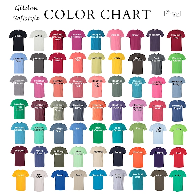 May include: Color chart showing 50 different Gildan Softstyle t-shirt colors. The chart is organized in rows and columns, with each color represented by a small t-shirt.