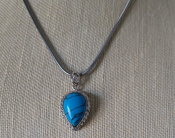 Sleeping Beauty Turquoise and Sterling Silver Pendant on Stainless Steel Chain Necklace