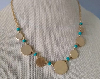 Gold Disc with Turquoise Beads Necklace