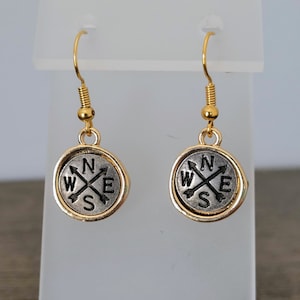 Compass Earrings/Small Circle Gold Earrings with Compass