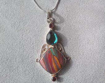 Rainbow Calsilica with Fire Garnets and Translucent Multi-Colored Stone on a 24" Sterling Silver Chain