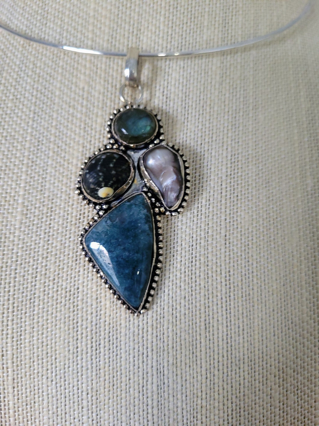 Moss Agate, Shell, Biwa Pearl, Labradorite, 925 Sterling Silver Pendant ...