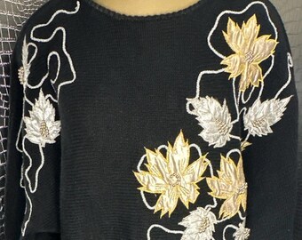 Bonnie Boerer PRET Vintage 1980s Black Sweater With Gold Silver Flowers Size Medium