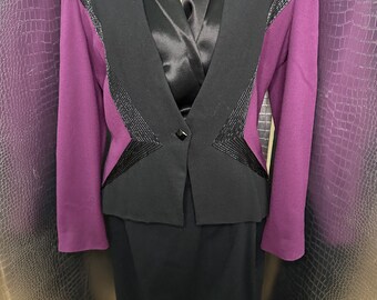 1980s Vintage Jonathan Hitchcock for Reuben Thomas Purple and Black Three-Piece Beaded Suit Size 12