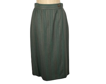 Les Copains Green and Brown Tweed Long Skirt with Slit 1990's Size 12