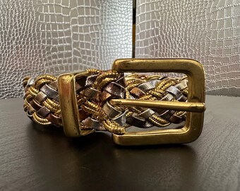 Vintage Tricolor Braided Belt, Gold Tone Buckle, Gold Silver  display picture 2