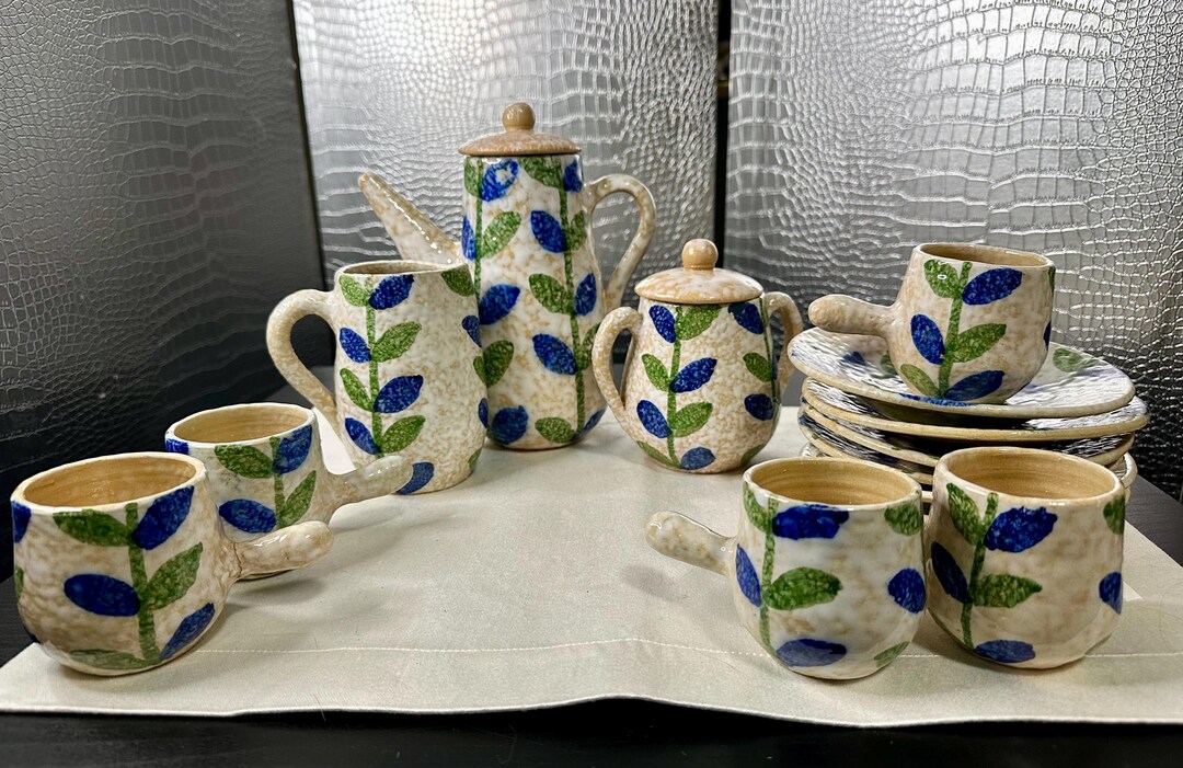 Splatter Pattern Pottery Vintage Handmade Ceramic Splatter Texture Pottery Set Green Blue Floral ...
