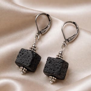 Lava Stone Earrings: Surgical Steel Diffuser Hoops, Lava Earrings, Diffuser Earrings, Black Cube Earrings, Jewelry Gift, Unisex Earrings