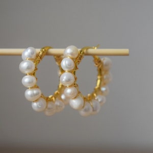 Pearl hoop earrings gold, Pearl Cluster Dangle Earrings, Lever back earrings, Bridesmaid huggies, Wedding pearl earrings, Gift for women