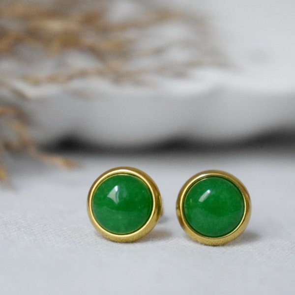 Natural Green Jade Stud Earrings, Minimalist Gold Earrings, 8mm Earrings, Positive Jewelry, Gemstone, Birthday Anniversary Gift For Her