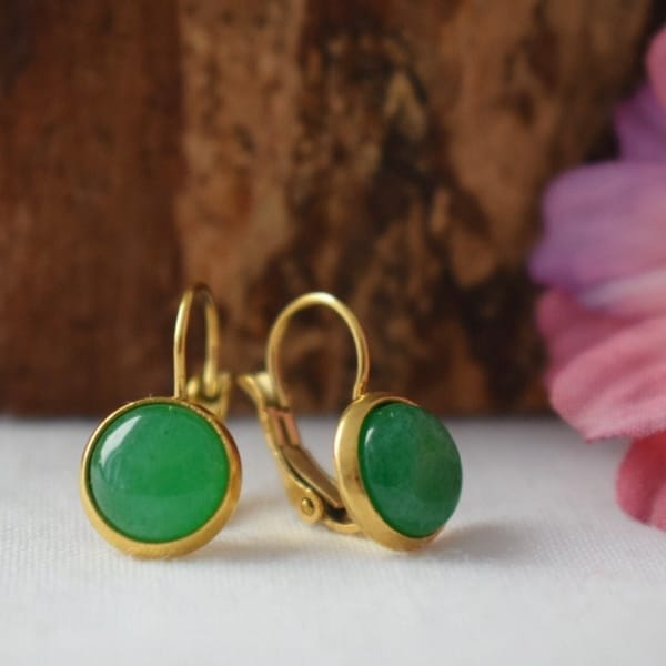 Small Green Jade Earrings Gold, 8 mm Earrings, Small Gemstone Earrings, Gifts For Women, Jade Jewelry, Wedding Anniversary Gift For Her