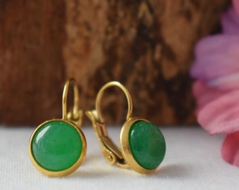 Small Green Jade Earrings Gold, 8 mm Earrings, Small Gemstone Earrings, Gifts For Women, Jade Jewelry, Wedding Anniversary Gift For Her
