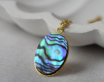 Natural abalone shell necklace, Paua shell, Abalone oval pendant necklace, Colorful abalone, Stainless steel, Abalone gold jewelry for women