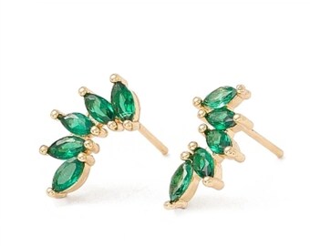 Green Leaf Stud Earrings, Cubic Zirconia Stud Earrings, Marquise Earrings, Real 18K Gold Plated Brass Studs, Leaf Gold Jewelry