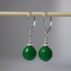 Green jade earrings sterling silver, 925 silver jade drop earrings, Green faceted gemstone hanging earrings, Jade bead jewelry, Gift for her