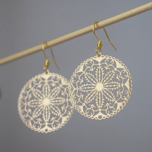 Ornament earrings for women, Mandala gold earrings, Stainless steel earrings, Boho filigree flower earrings, Mandala jewelry, Gift for her