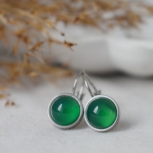 Green agate dangle earrings, Small green gemstone leverback earrings, 8mm round hanging silver earrings, Stainless steel, Handmade jewelry image 1