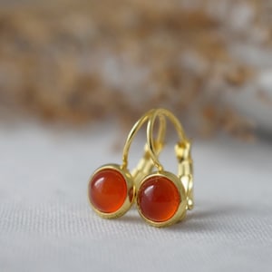 Mini red agate earrings, 6mm gold earrings, Small gemstone earrings, Red stone earrings, Leverback, Agate jewelry gold, Jewelry gift for her
