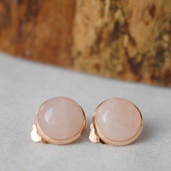 Rose gold clip on earrings rose quartz for women, Gemstone, Non pierced earrings, Pink stone, Stainless steel, Rose Quartz jewelry