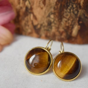 Tigers Eye Gold Earrings for Women, Tiger eye gemstone, Gold brown stone, Leverback, Chakra, Healing stone, Tiger's eye jewelry gift for her