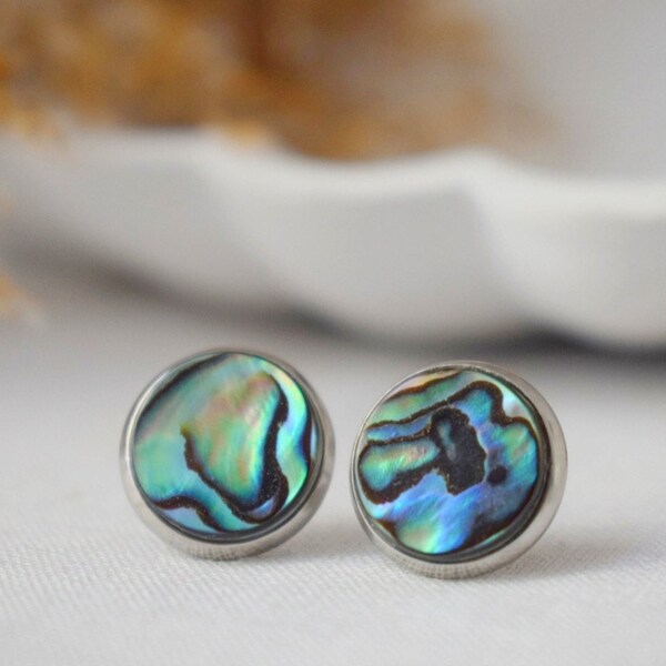 Abalone shell stud earrings, Silver, Colorful mother of pearl stud earrings, 12mm, Round, Abalone pearl silver jewelry, Gift for women