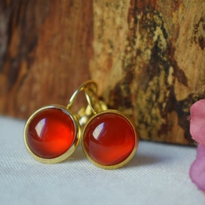 Red agate earrings for women, Small gemstone hanging earrings, Gold plated stainless steel, Red orange stone, Lever back, Jewelry gift