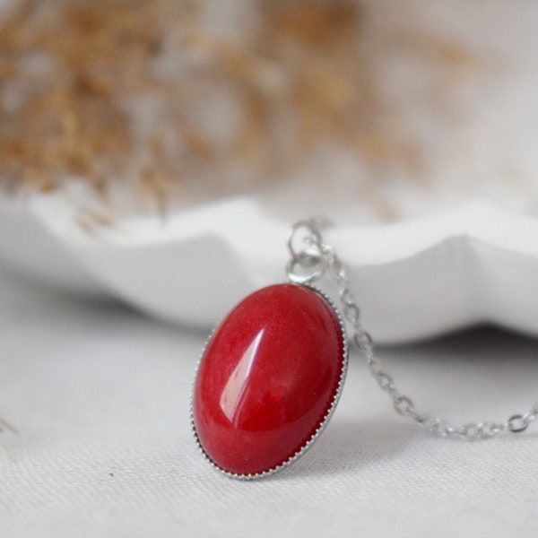 Collier pendentif en jade rouge en argent pour femme, ovale, long collier de pierres précieuses rouges, collier tendance en pierre rouge, bijoux faits main, cadeau pour elle