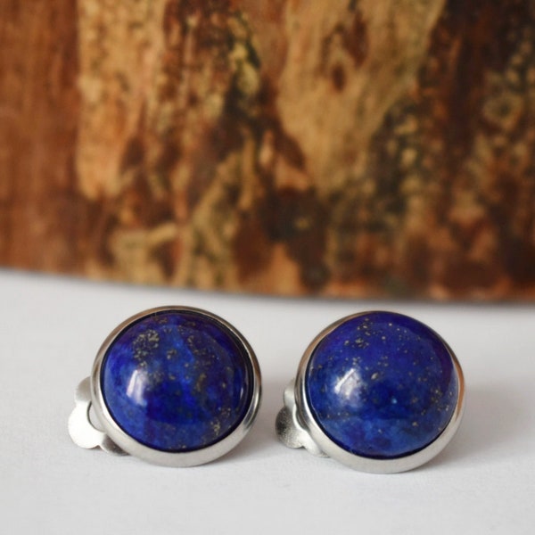 Clip on earrings lapis lazuli, Clip on earrings gem, Lapis, Clip on earrings blue, Lapis ear clips for women, Girl, Non pierced earrings