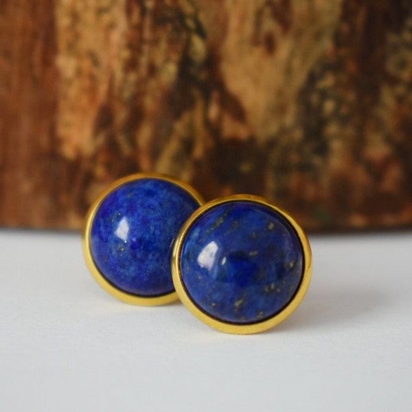 Lapis Gold Studs, Lapis Lazuli Earrings, Blue Lapis Earrings Gold, Round, 12mm, September Birthstone Jewelry, Lapis, Gift for her
