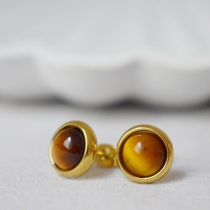 Gold Tiger Eye Stud Earrings: 8mm Gemstone, Minimalist Jewelry