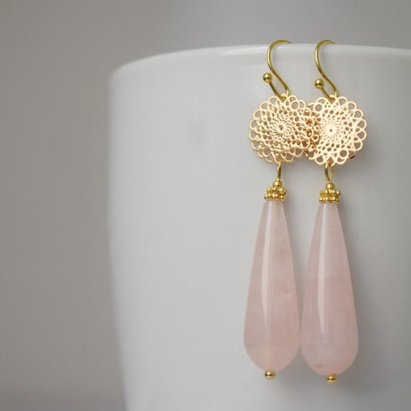 Natural Rose quartz dangle earrings gold, Long teardrop earrings, Mandala, Gemstone drop earrings, Wedding earrings, Rose quartz jewelry