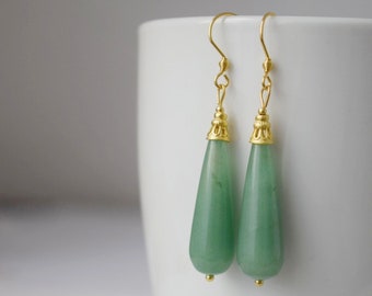 Aventurine dangle earrings, Long teardrop earrings, Green gold, Gemstone drop earrings, Boho hanging earrings, Natural aventurine jewelry