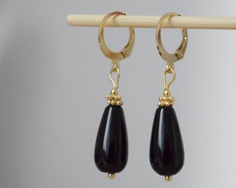 Boucles d'oreilles en Onyx noir, larme de pierre précieuse avec cerceaux huggie en acier inoxydable plaqué or, bijoux cadeau unisexe