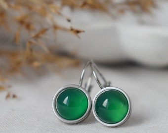 Green agate dangle earrings, Small green gemstone leverback earrings, 8mm round hanging silver earrings, Stainless steel, Handmade jewelry