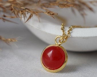 Collier de jade rouge plaqué or en acier inoxydable, pendentif rond en pierre précieuse de 10mm, bijoux cadeau