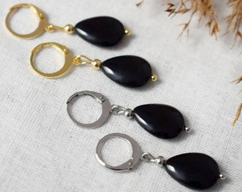 Black Onyx teardrop earrings, Huggie, Black gemstone dangle drop earrings, Gold, Silver, Black Onyx jewelry, Handmade jewelry gift for women