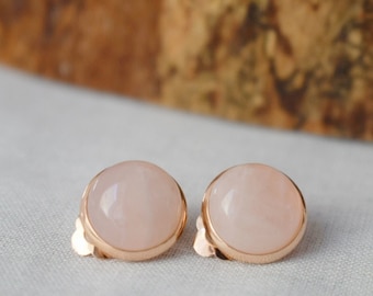 Rose gold clip on earrings rose quartz for women, Gemstone, Non pierced earrings, Pink stone, Stainless steel, Rose Quartz jewelry