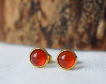 Red agate stud earrings, Small 8mm round gemstone earrings, 18k gold plated stainless steel studs, Agate jewelry gift