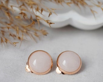 Rose gold clip on earrings with quartz, 12mm round gemstone, Non pierced earrings, Rose gold plated stainless steel jewelry