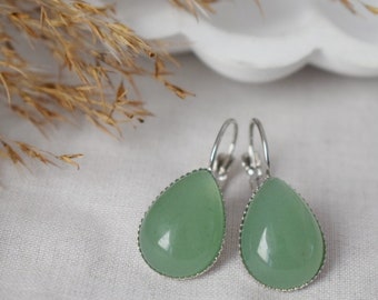 Green Aventurine Teardrop Dangle Earrings: Lever Back Gemstone Jewelry