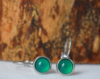 Boucles d'oreilles en agate verte en acier inoxydable, pendantes de 6 mm, pierres précieuses rondes, cadeau unisexe fait main