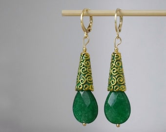 Vintage Green jade earrings, Teardrop enamel dangle earrings, Faceted gemstone drop huggies, Stone hoops, Unique jade jewelry, Gift for her