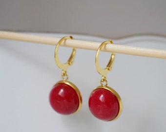 Gold hoop red jade earrings, Red gemstone pendant huggie earrings, Lever back, Red stone hoop earrings, Red, Jade jewelry, Gift for women