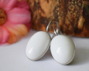 Oval white jade earrings, Gemstone dangle earrings, Silver, White stone, Healing stone, Hanging leverback earrings, Jewelry gifts for women