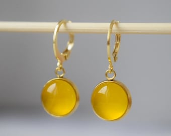 Yellow agate earrings, Gemstone pendant Huggies, Small stone dangle earrings, Hoop gold earrings, Round, Handmade agate jewelry for her