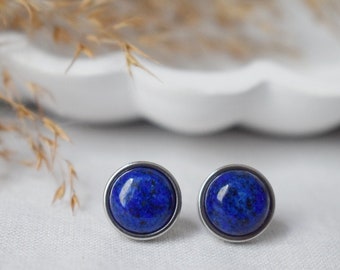 Lapis lazuli stud earrings, Gemstone earrings silver, Dark blue stone, Stainless steel, September Birthstone, Lapis jewelry, Gift for her