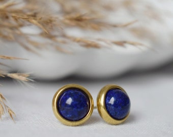 Lapis Stud Earrings Gold, Small Blue Lapis Earrings, Round, Minimalist, 8mm, Lapis Lazuli Jewelry, September Birthstone, Handmade Jewelry