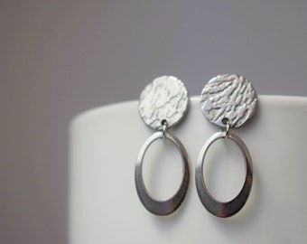 Silver pendant stud earrings, Oval pendant round stud earrings, Geometric dangle drop earrings, Stainless steel, Jewelry gifts for women
