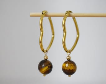 Tiger eye earrings with gold plated stainless steel heart hoops, Gemstone bead pendant, Unique jewelry gift